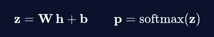 สมการ z = W h + b และ p = softmax(z)